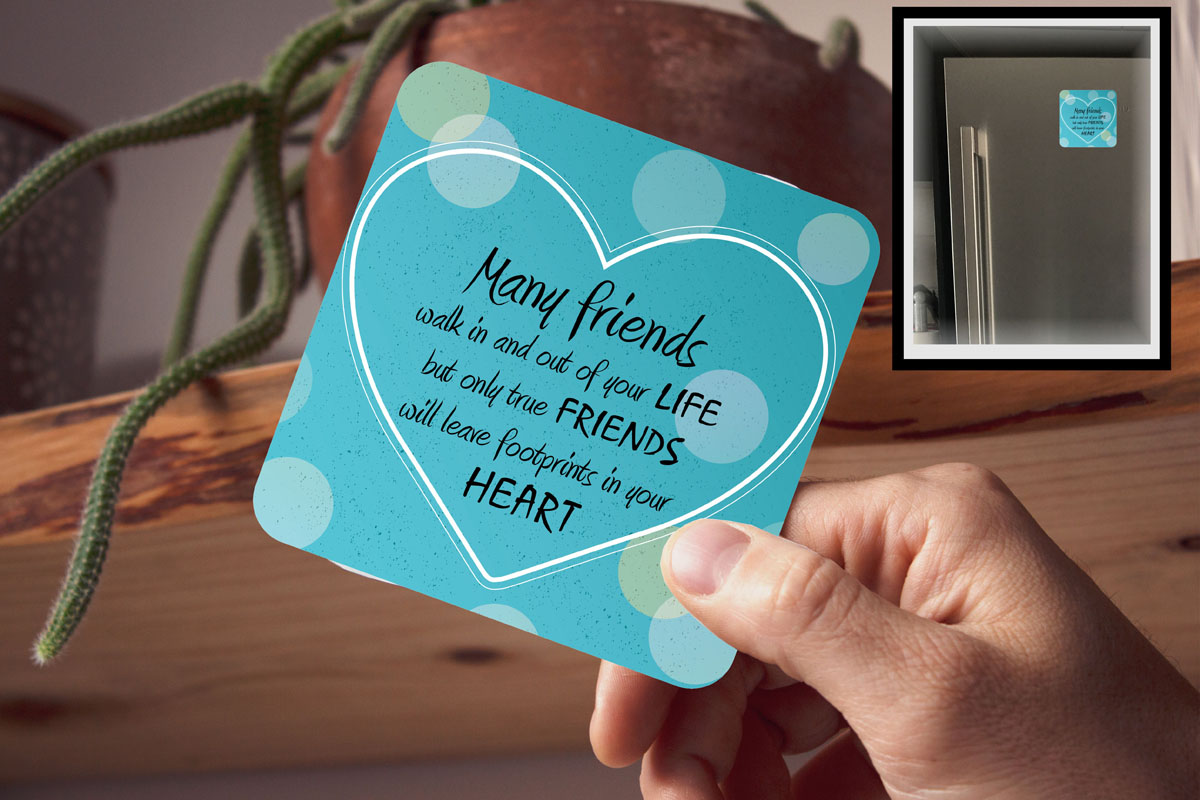 Drink Coaster Magnetic - Many Friends Walk but only true leave footprints in Heart (Blue Theme)