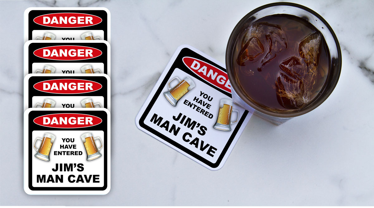 Man Cave Sign Gift SET with 4 Drink Coasters Fridge Magnets CAN BE ANY NAME #3