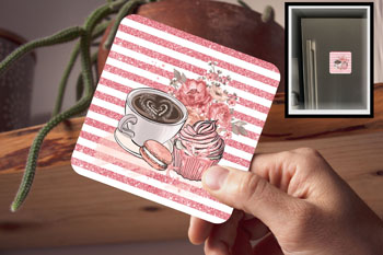 Drink Coaster - Coffee, Cake Theme Pink (fridge magnet)