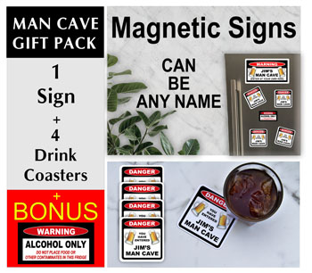 Man Cave Sign Gift SET with 4 Drink Coasters Fridge Magnets CAN BE ANY NAME